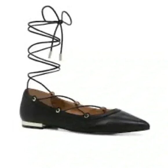 Aldo Alize Black Leather Ballet Flats Pointy Toe Lace Up Ankle Ties Size 7.5 - Picture 2 of 16